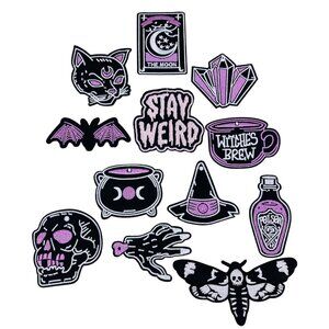 Gothic Witchy Embroidered Iron-On Patches Set Of 12 Cat, Skull, Halloween